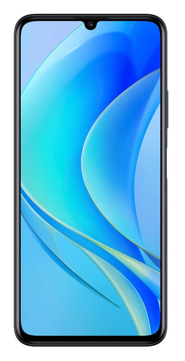 Smartfon z niebieskim ekranem, pokazujący niebiesko-biały abstrakcyjny wzór.