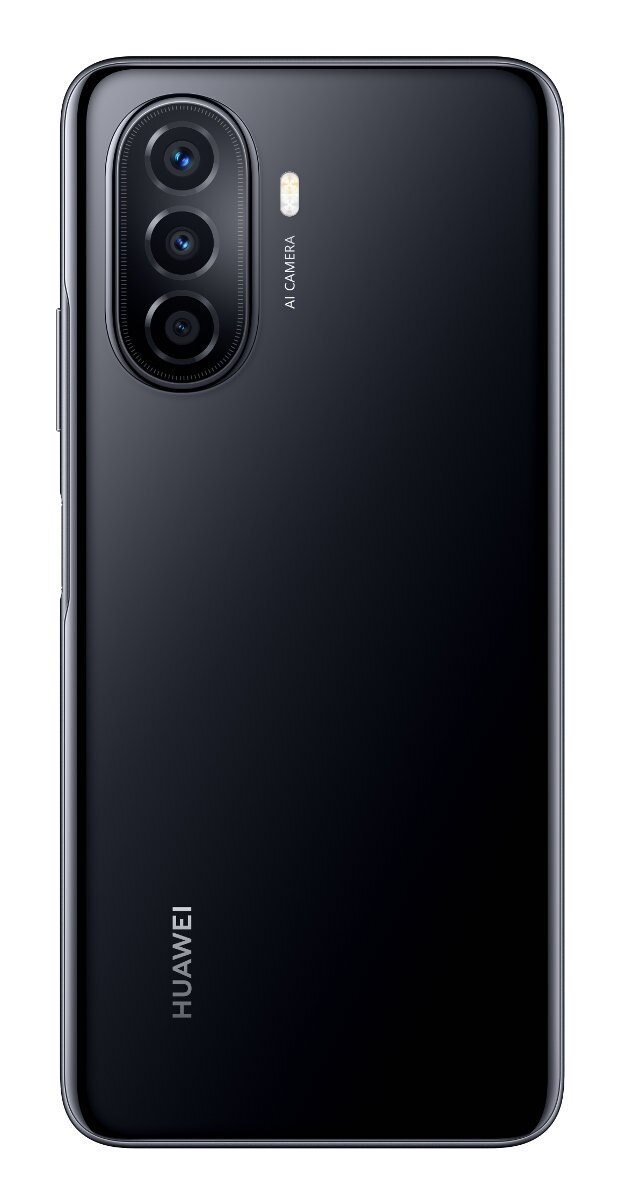Tył czarnego telefonu. Potrójny aparat, tekst AI CAMERA, logo HUAWEI. Białe tło.