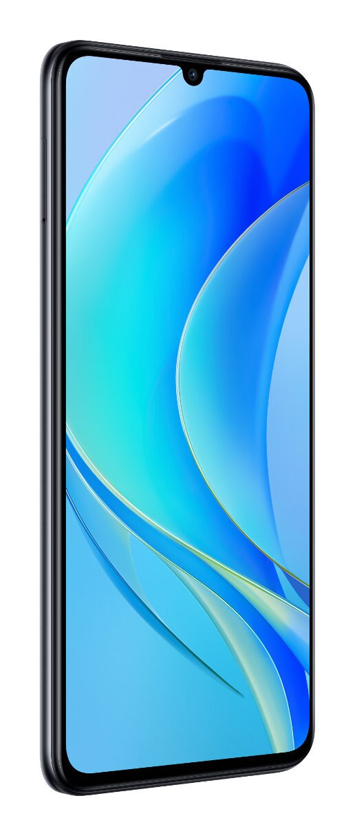 Czarny smartfon w perspektywie, pokazujący ekran z niebieskim i białym wzorem.