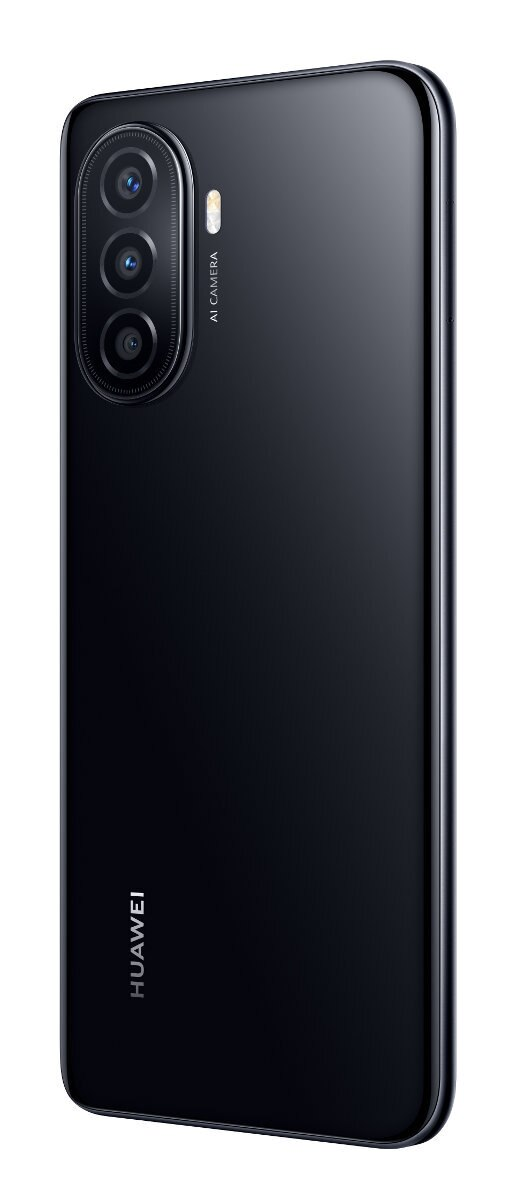 Czarny smartfon, widok pod kątem. Potrójny system kamer z tyłu. Logo Huawei.