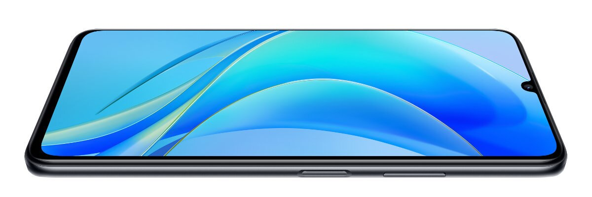 Smartfon na białym tle. Telefon ma niebieski ekran z falistą grafiką.