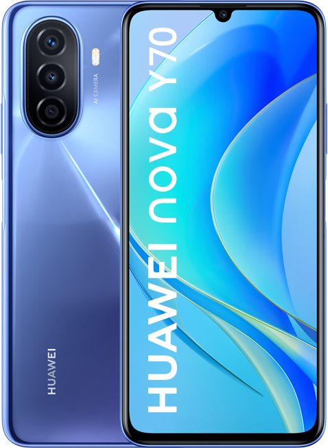 Niebieski smartfon z potrójnym aparatem, widok z tyłu. Duży ekran wyświetlający niebieski interfejs. Białe tło.