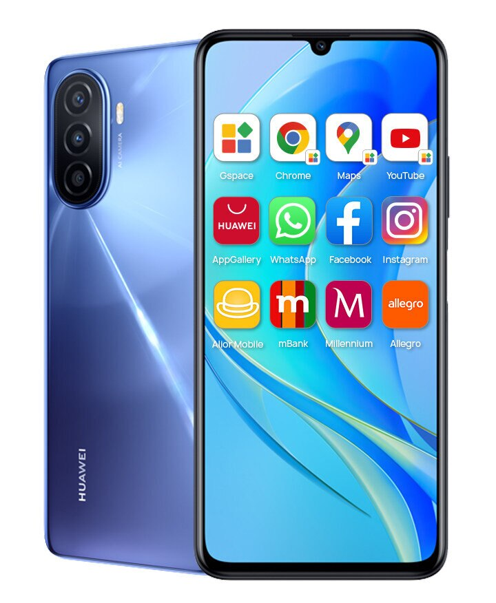 Niebieski telefon Huawei, widok z tyłu i z przodu. Wyświetlacz pokazuje ikony aplikacji. Białe tło.