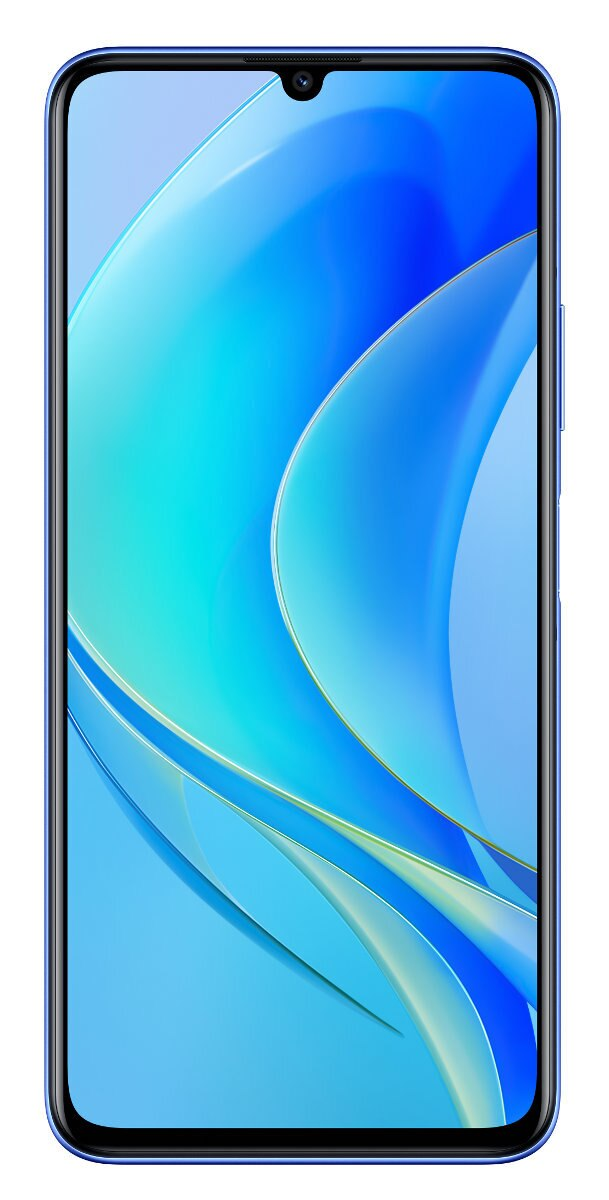 Niebieski smartfon z dużym wyświetlaczem. Telefon jest pokazany na białym tle.