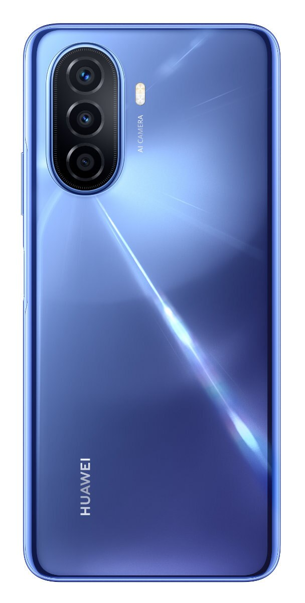 Tył niebieskiego smartfona Huawei, z trzema aparatami ustawionymi pionowo.