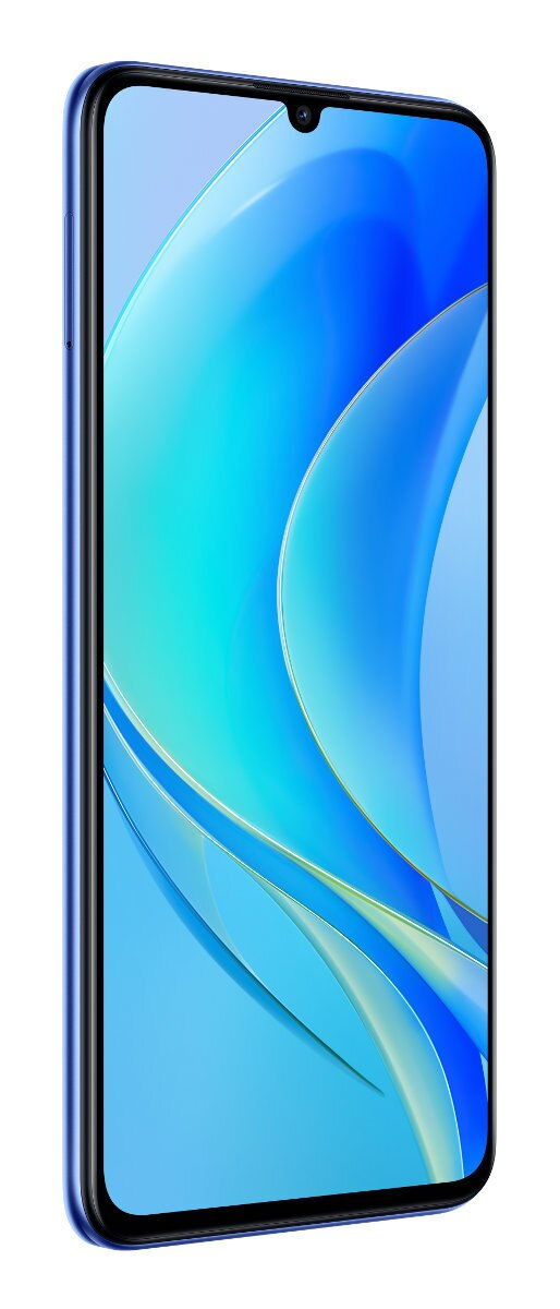 Niebieski smartfon z zakrzywionym ekranem, widok z boku, pokazujący niebiesko-biały gradient.