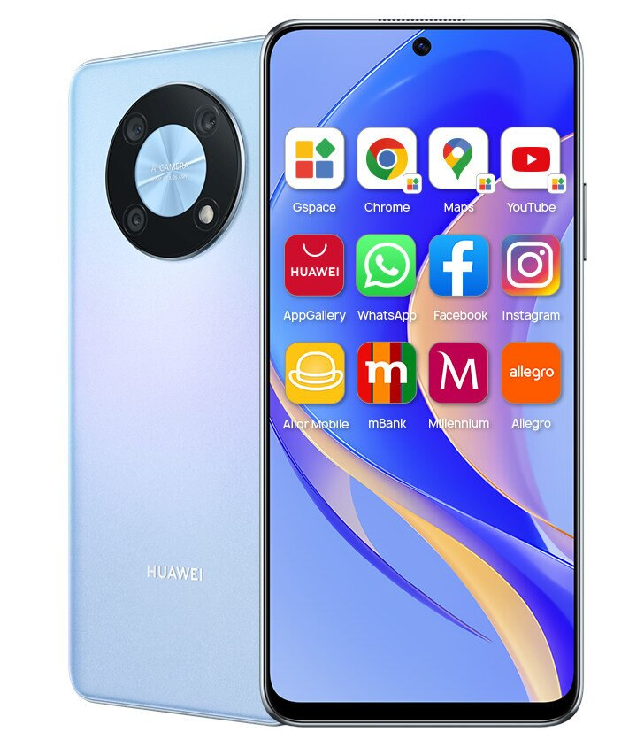 Jasnoniebieski smartfon z aplikacjami. Obiektywy aparatu i logo Huawei.