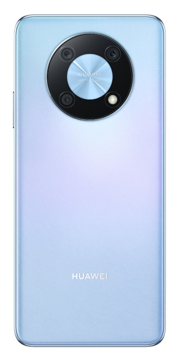 Widok z tyłu niebieskiego telefonu z trzema obiektywami i marką 'HUAWEI' na dole.