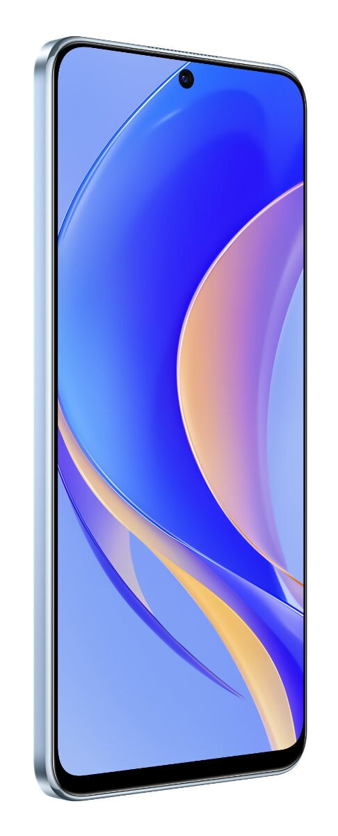 Smartfon, widok z boku, wyświetlacz z niebiesko-białym gradientem, czarna kamera, srebrna ramka. Białe tło.