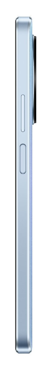 Widok z boku jasnoniebieskiego smartfona. Ma przyciski i wypukłość aparatu z boku.