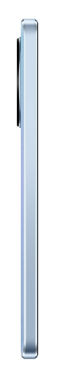 Widok z boku jasnoniebieskiego smartfona. Widok z boku pokazuje aparat i przycisk zasilania.