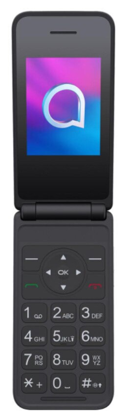 Czarny, otwarty telefon z klapką z ekranem pokazującym logo Alcatel i klawiaturą.