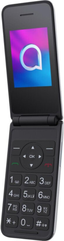 Czarny telefon klapkowy otwarty, ekran z logo. Widoczne cyfry i przyciski.