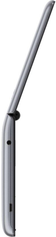 Srebrny telefon z klapką, widok z boku, pokazujący zawias i ekran. Czysty, nowoczesny design.