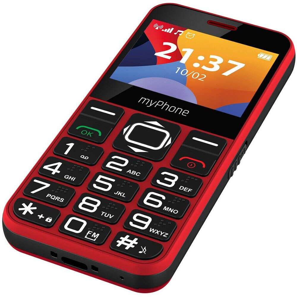 Czerwony myPhone z dużymi przyciskami i wyświetlaczem pokazującym godzinę i datę. Telefon jest przeznaczony dla seniorów.