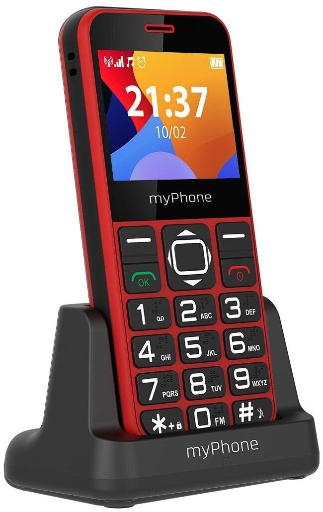 Czerwony myPhone, telefon komórkowy z dużymi przyciskami w stacji ładującej.