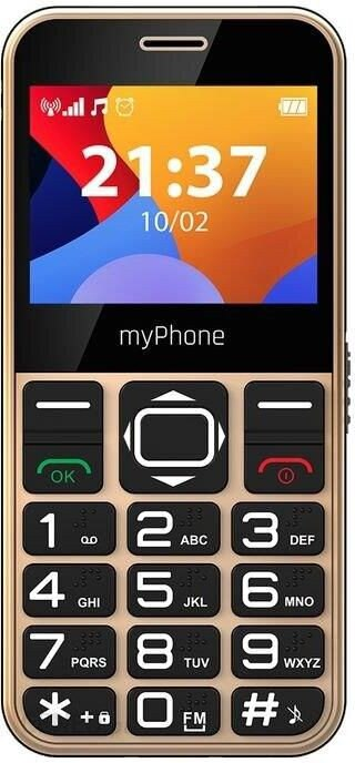 Wyświetlany jest złoty telefon komórkowy myPhone. Ekran pokazuje godzinę, datę i siłę sygnału. Klawiatura ma duże, czarne przyciski.