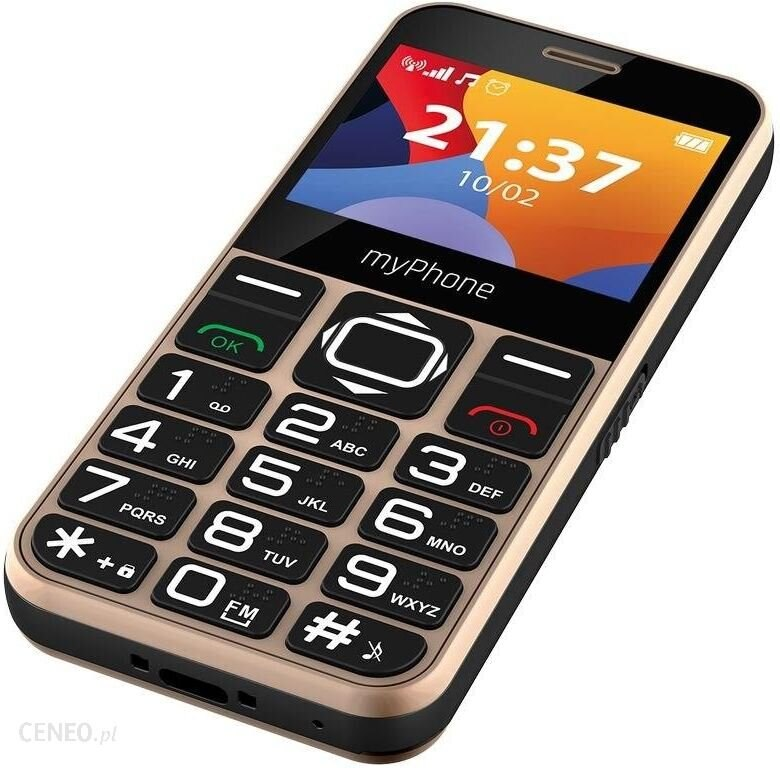 Złoty myPhone z dużymi przyciskami i ekranem wyświetlającym godzinę. Liczby i litery widoczne na klawiaturze.