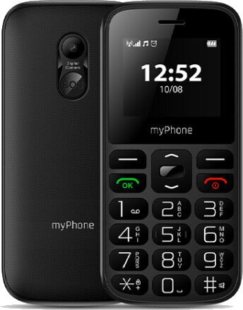 Czarny myPhone z klawiaturą. Pokazuje godzinę i datę. Ma aparat z tyłu. Zielone i czerwone przyciski połączeń.