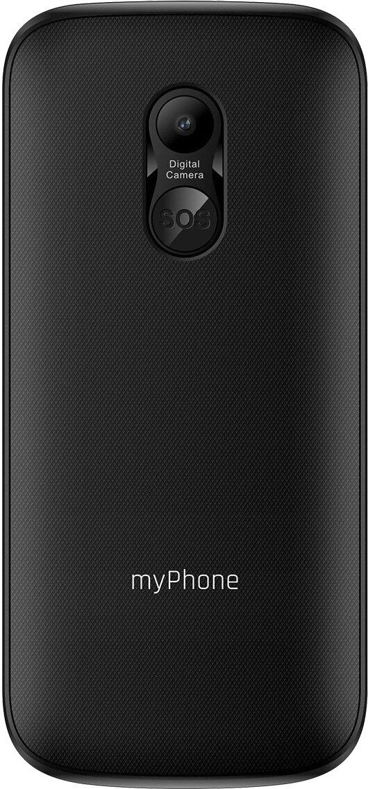 Tył czarnego telefonu klapkowego z aparatem i czerwonym przyciskiem SOS.