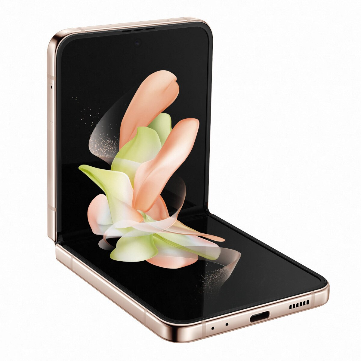 Złoty telefon Samsung Galaxy Z Flip4, częściowo otwarty. Wyświetlacz pokazuje kolorową sztukę abstrakcyjną.