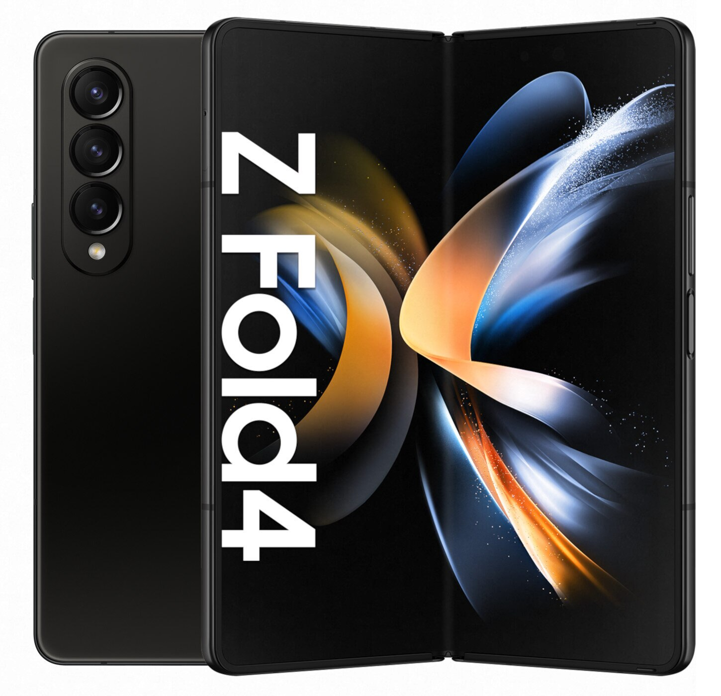 Czarny składany telefon z 'Z Fold4'. Tył posiada system kamer. Złożony jest kompaktowy.