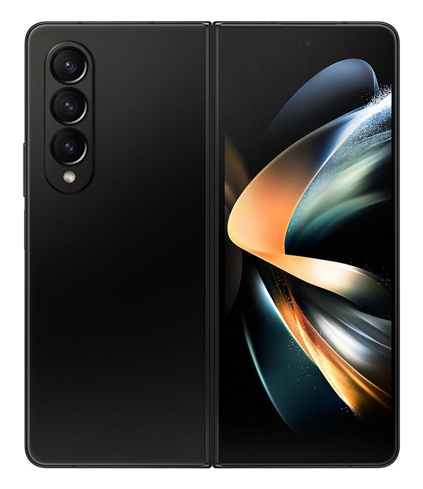 Czarny składany smartfon, otwarty. Pokazuje oba ekrany, z widocznym tyłem i konfiguracją kamery.