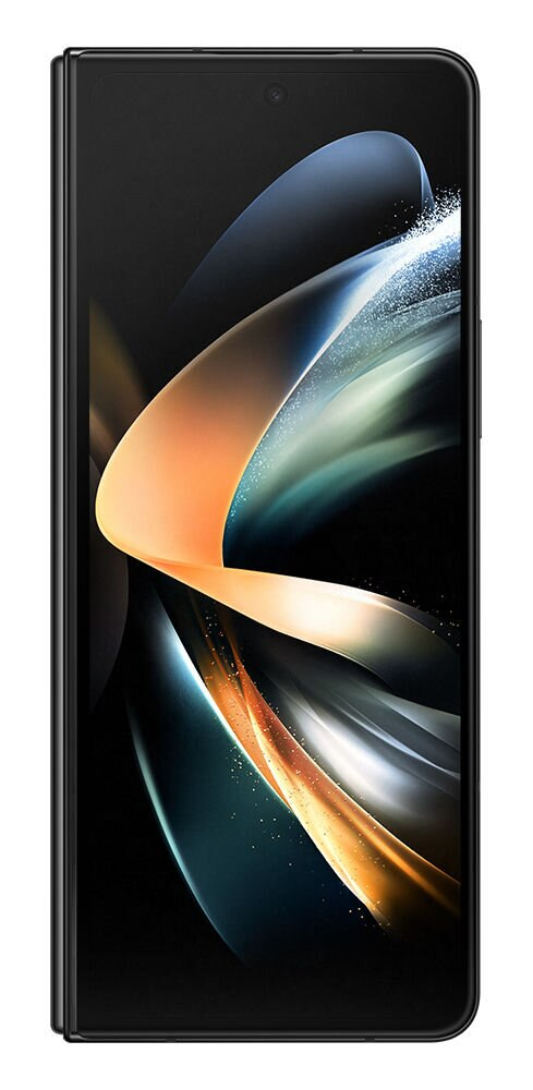 Składany czarny smartfon z dużym ekranem. Ekran wyświetla abstrakcyjny, kolorowy wzór.