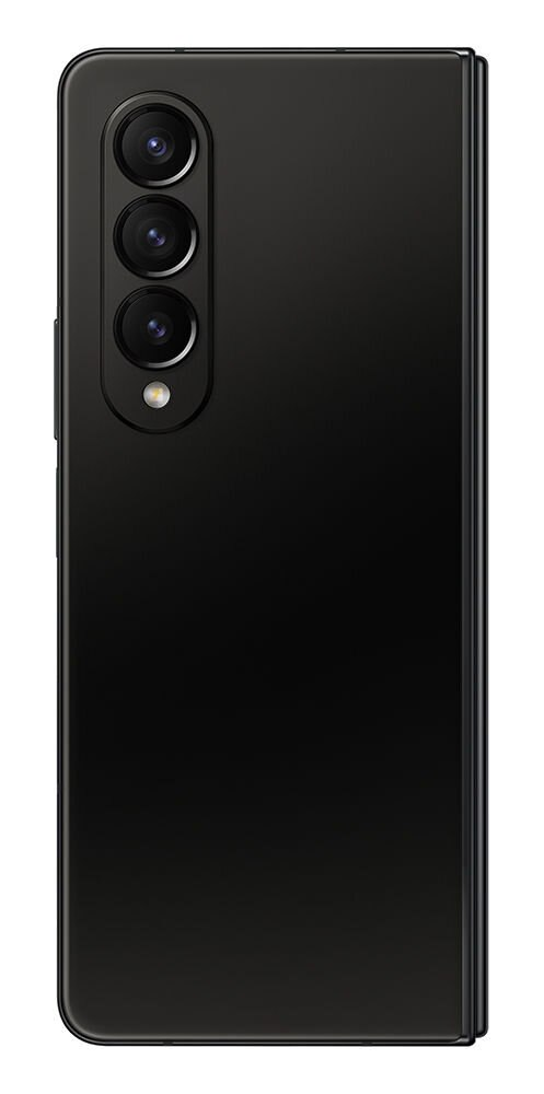 Czarny składany telefon z układem kamer. Ciemny tył z trzema obiektywami i lampą błyskową. Izolowany na białym tle.