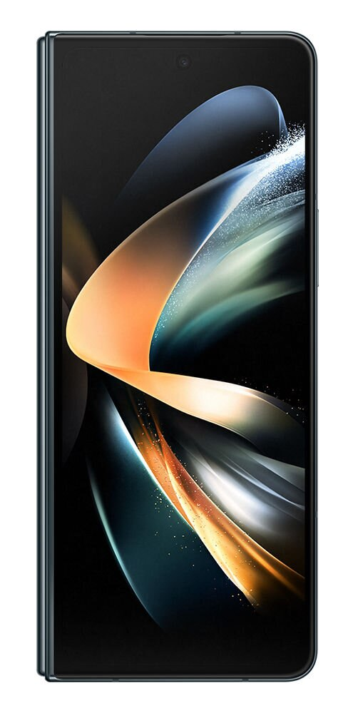 Otwarty smartfon z czarnym ekranem i dynamicznym, złotym i niebieskim wzorem fal.