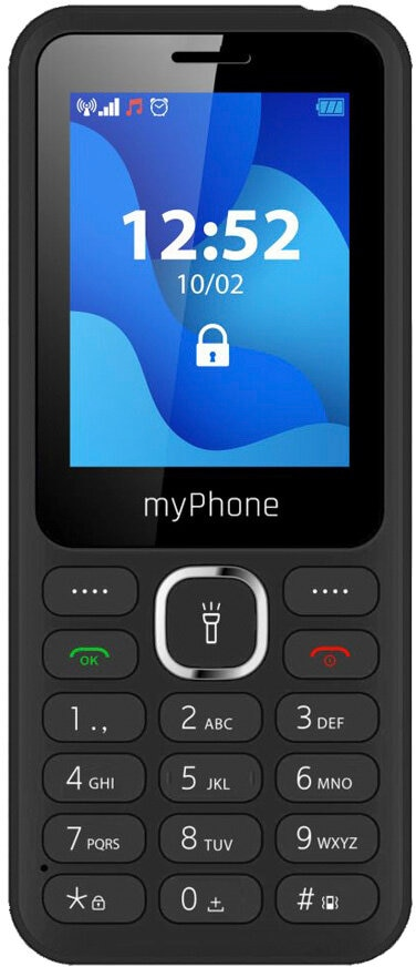 Czarny myPhone z ekranem pokazującym godzinę i ikonę kłódki. Widoczne przyciski numeryczne.
