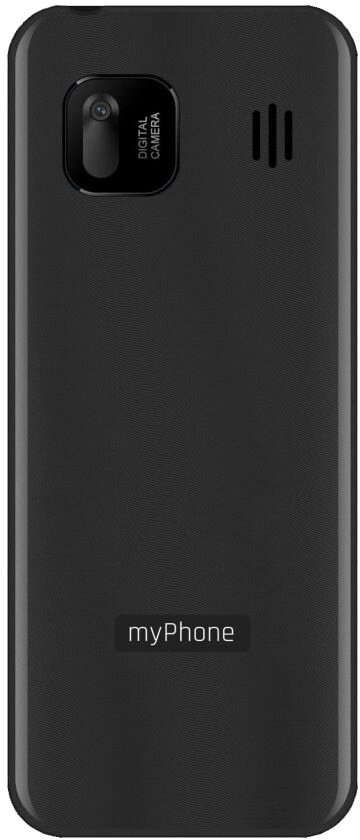 Czarny myPhone. Z tyłu kamera, głośnik i logo marki.