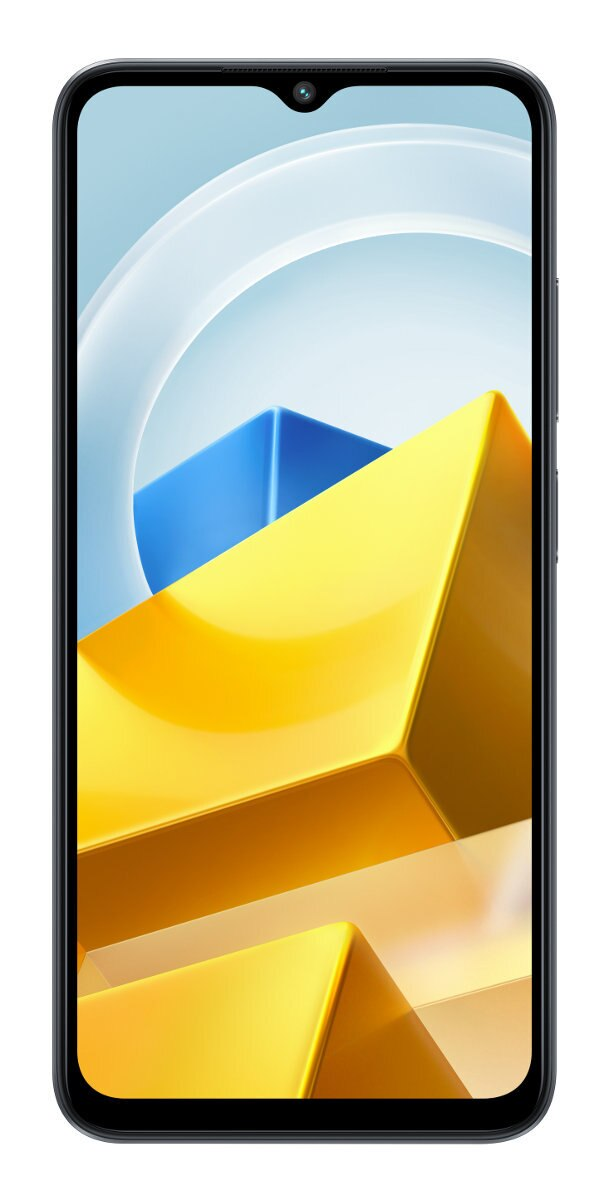 Smartfon z kolorową, abstrakcyjną tapetą z żółtymi i niebieskimi kształtami.