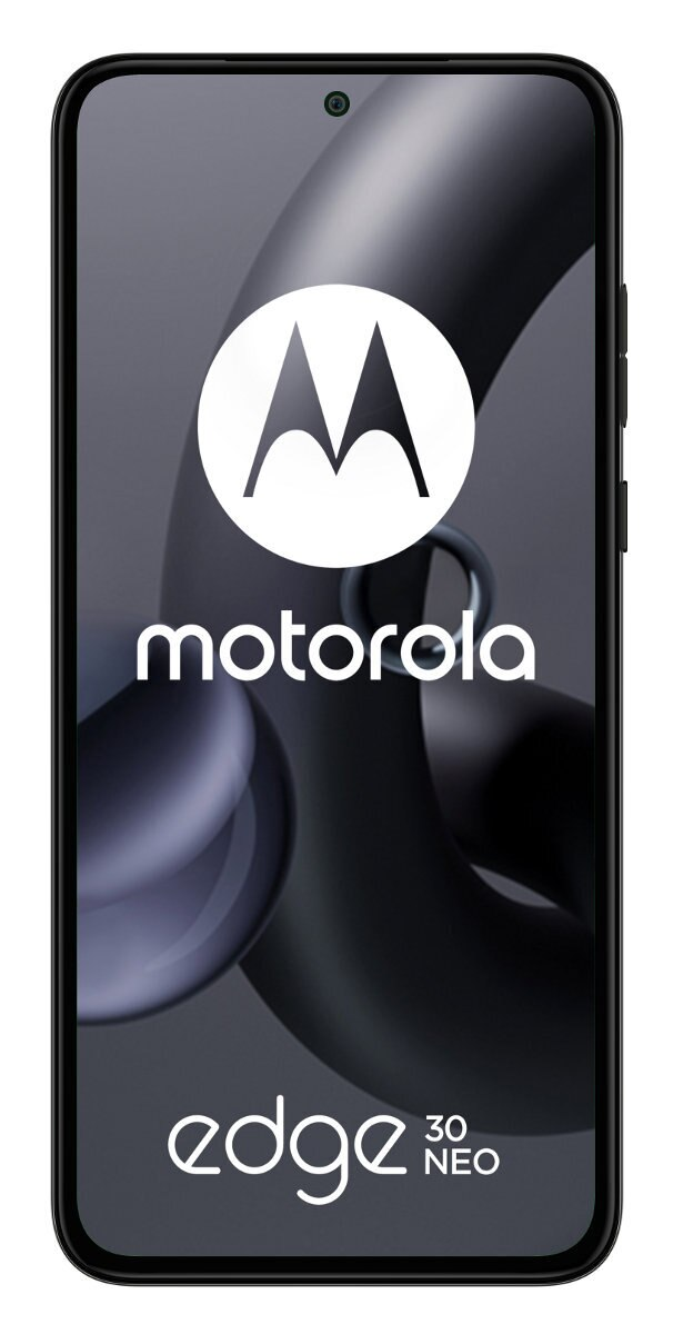 Smartfon Motorola Edge 30 Neo, czarny telefon z logo Motorola na ekranie. Tło jest białe.
