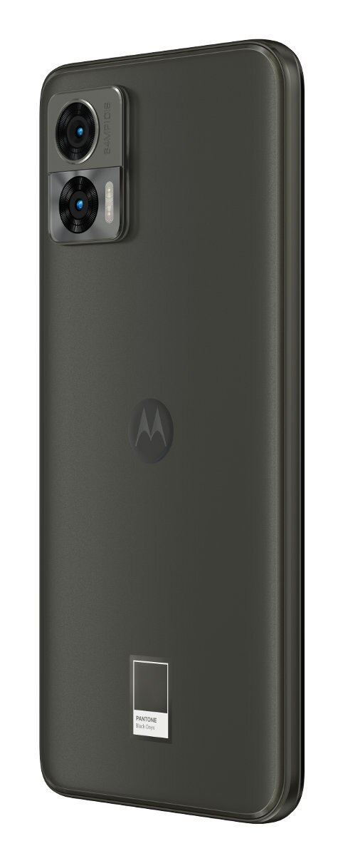 Tył szarego telefonu z etykietą Pantone i logo Motorola. Obecne są podwójne aparaty.