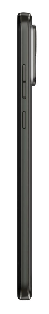 Widok z boku ciemnoszarego telefonu z przyciskami i wypukłością aparatu.