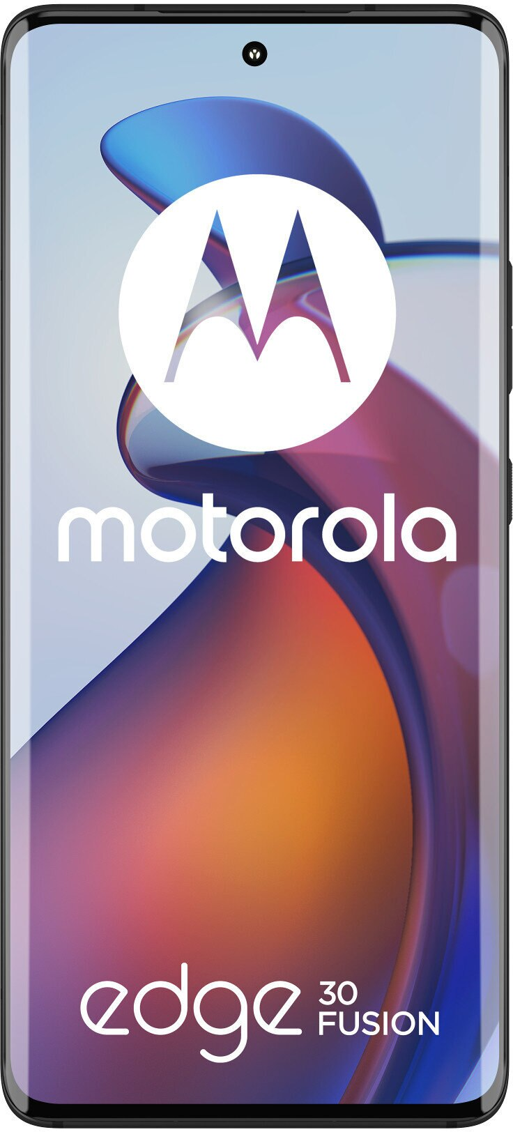 Telefon Motorola. Białe logo i tekst na ekranie. Czarna ramka. Tekst Edge 30 Fusion. Rozmyte tło.