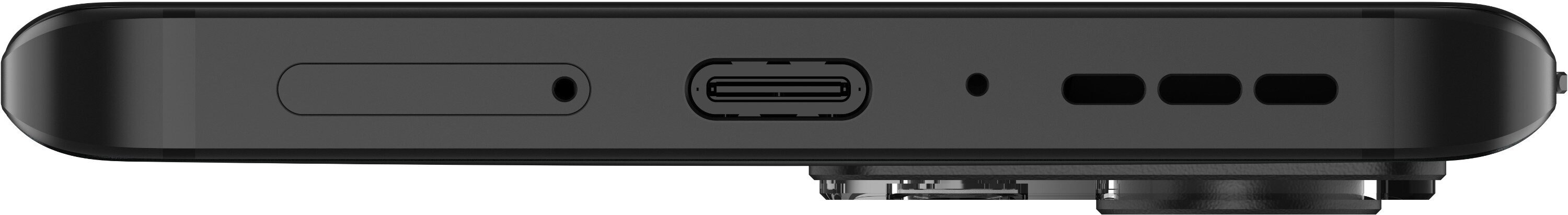 Widok od dołu czarnego telefonu. Widoczny port ładowania, mikrofon i głośniki.