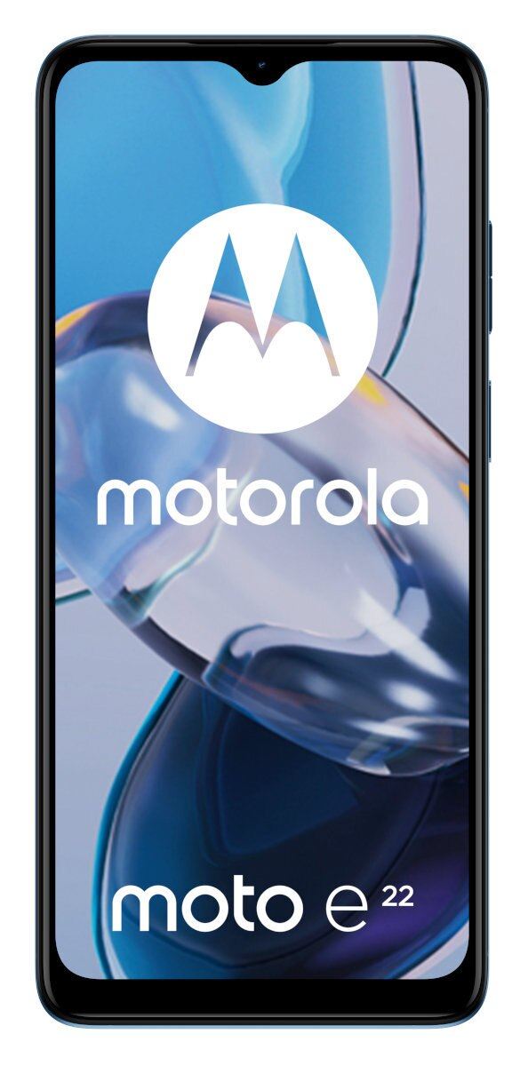 Motorola moto e22, widok z przodu. Ekran wyświetla logo Motorola i tekst 'moto e22'.