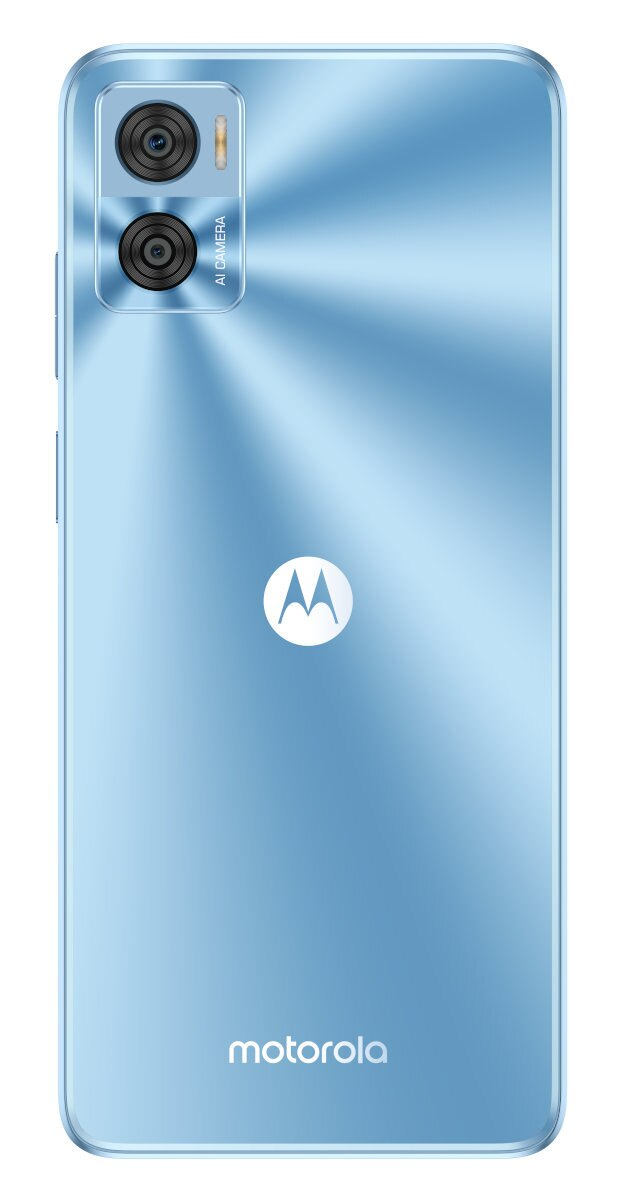 Jasnoniebieski tył smartfona Motorola, z podwójnymi aparatami i logo Motorola.