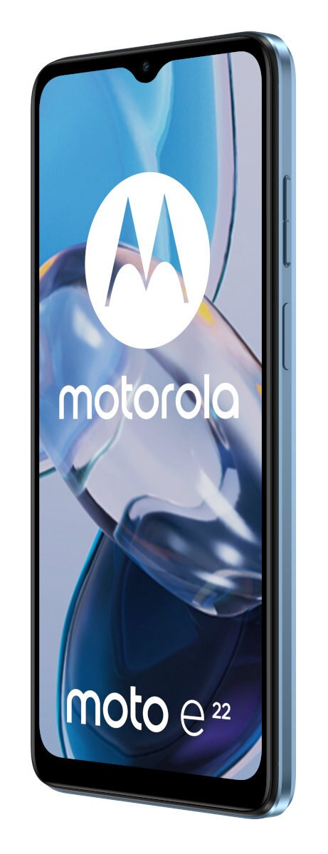 Niebieski telefon Motorola z boku. Ekran z napisem 'moto e22' i logo Motorola.