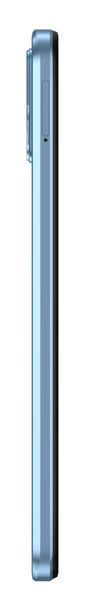 Widok z boku jasnoniebieskiego smartfona, z przyciskami i modułem kamery.