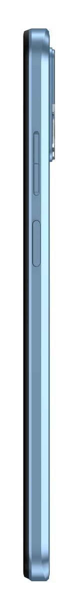 Widok z boku jasnoniebieskiego telefonu. Widoczne przyciski z boku. Białe tło.