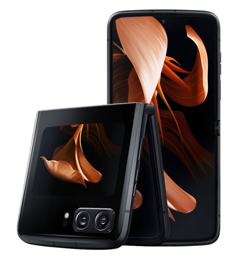 Czarny składany smartfon z ekranem pokazującym pomarańczową sztukę abstrakcyjną, otwarty i zamknięty, na białym tle.
