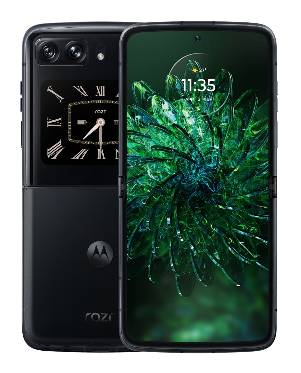 Czarny Motorola Razr, otwarty i zamknięty. Zewnętrzny ekran pokazuje zegar, wewnętrzny grafikę.