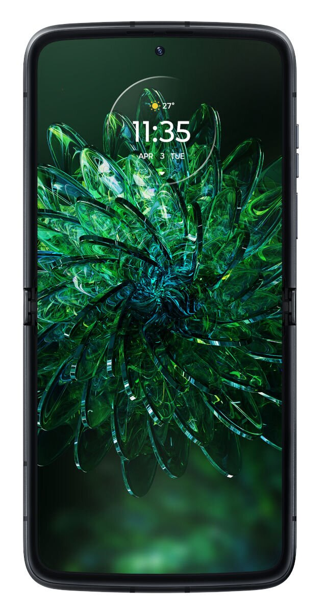 Smartfon z zielono-niebieskim kwiatowym tłem.