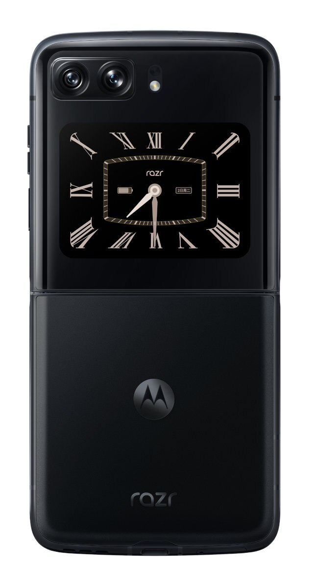 Czarny składany telefon Motorola Razr, wyświetlający zegar na zewnętrznym ekranie i logo na dole.
