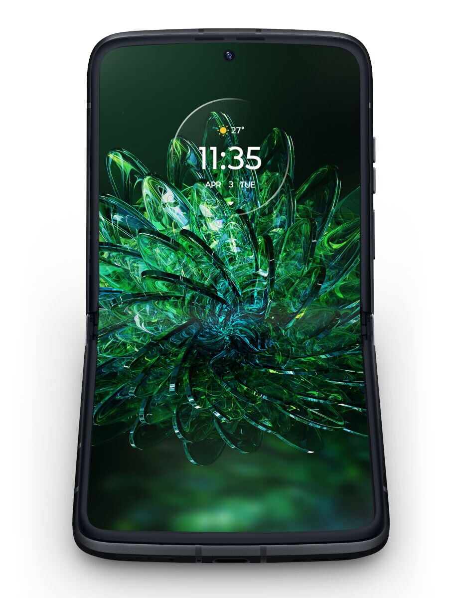 Otwarty czarny smartfon z zielonym abstrakcyjnym wzorem na ekranie. Wyświetlana data i godzina.