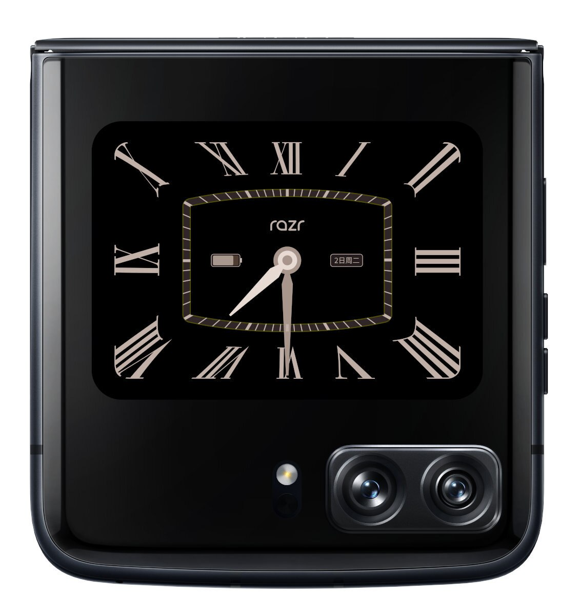 Czarny składany telefon z wyświetlaczem zegara. Podwójne aparaty na dole.