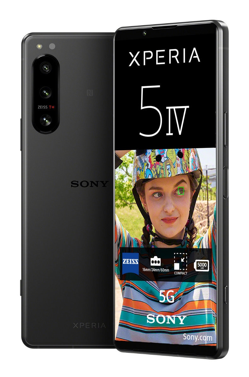 Czarny telefon Sony Xperia 5 IV, pokazujący kobietę na ekranie.